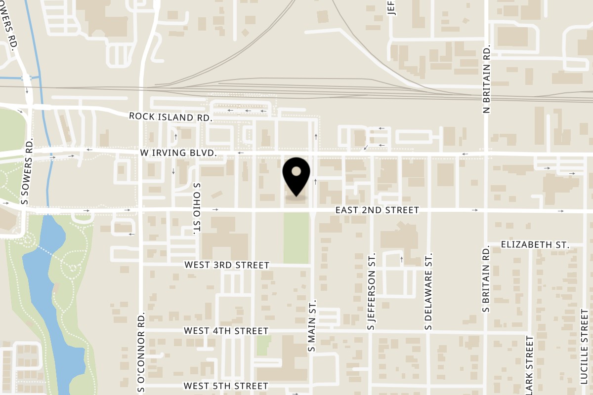 Map showing the location of Fire Rodeo Grill Churascaria on 137 S Main St in Irving